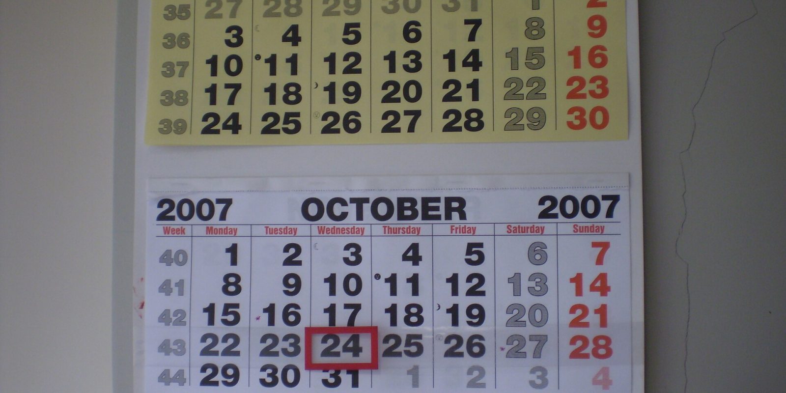 Printed wall calendar showing September, October and November 2007