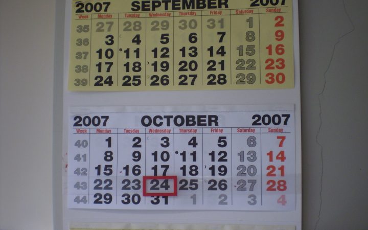 Printed wall calendar showing September, October and November 2007