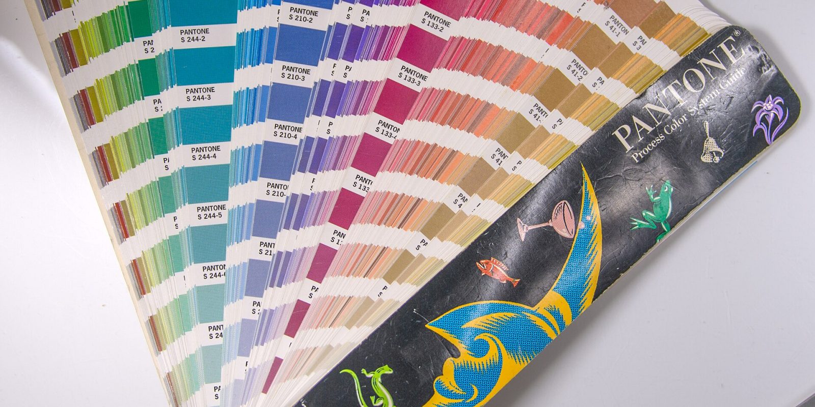 Fanned-out Pantone colour swatch guide showing rows of printed colour chips