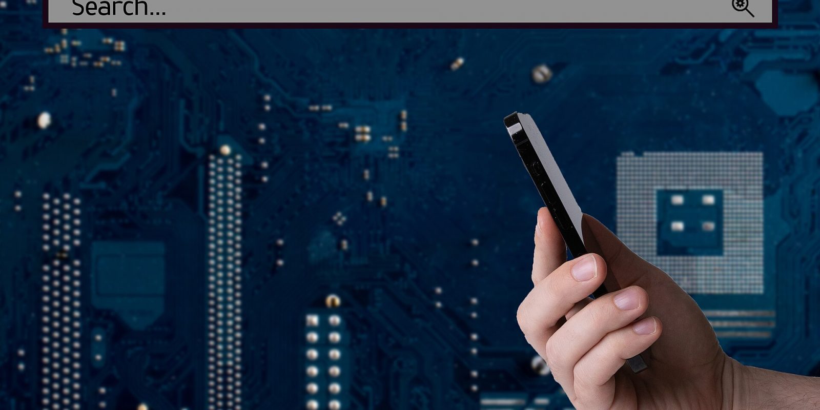 Hand holding a smartphone in front of a dark backdrop with a search bar overlay