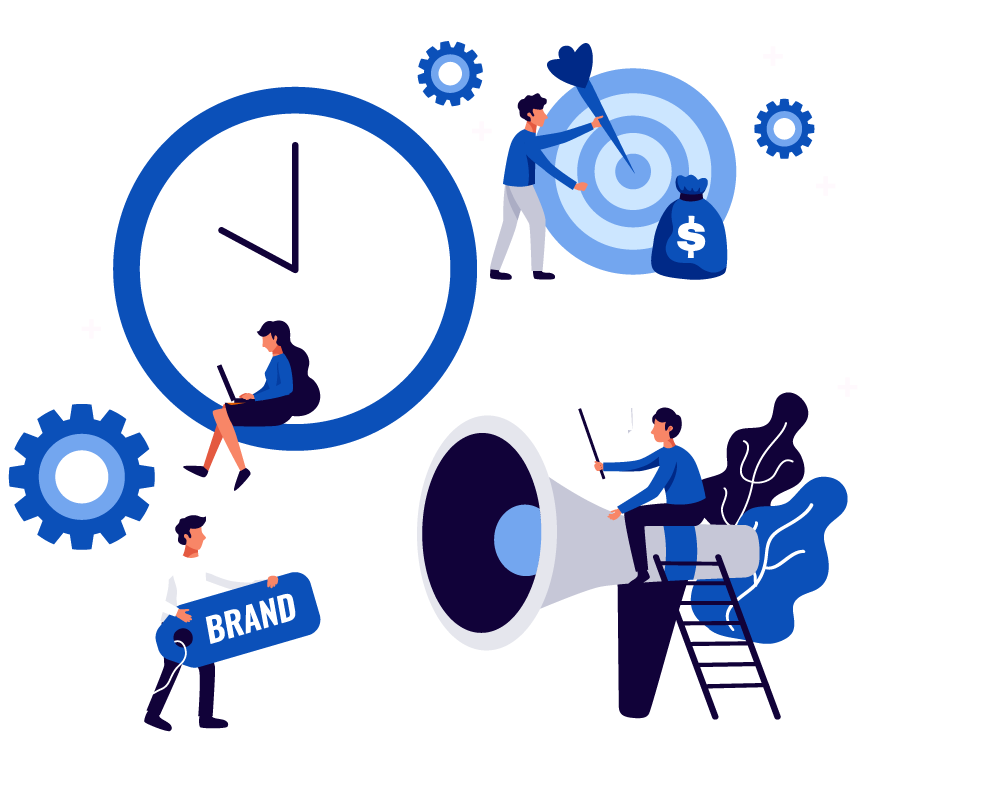 Illustration of a creative team working on branding, targeting and promotion