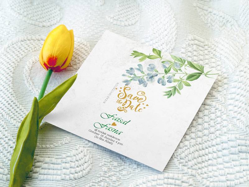 Floral save-the-date wedding invitation card with a tulip